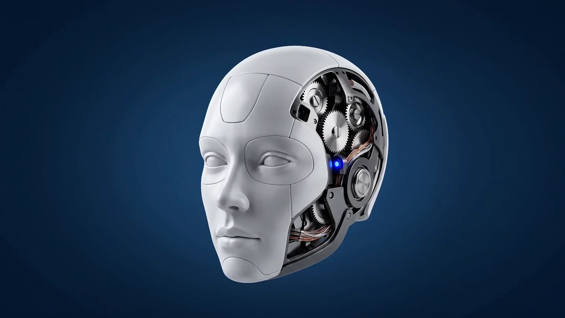 Opralta’s white mechanical head with exposed silver gears against navy