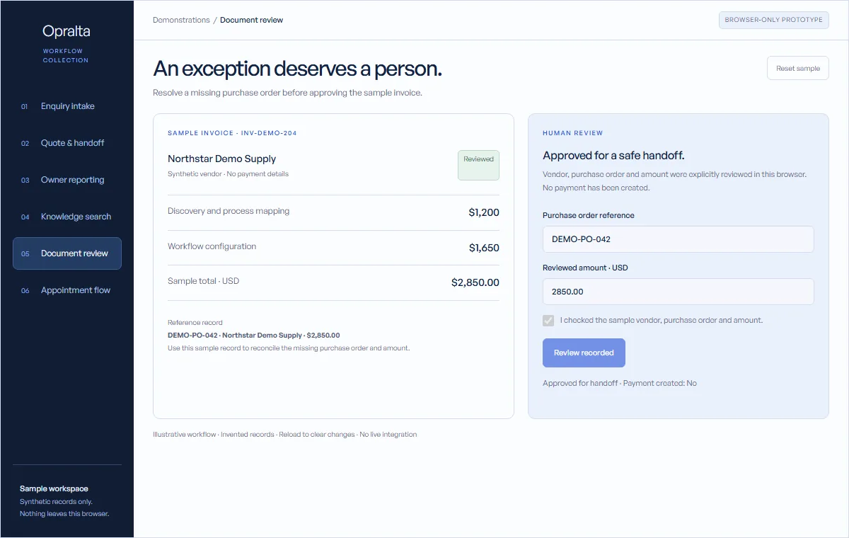 Opralta documents demonstration with synthetic sample data